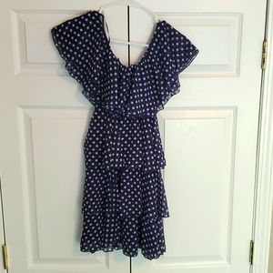 Medium off shoulder navy/white polka dots dress